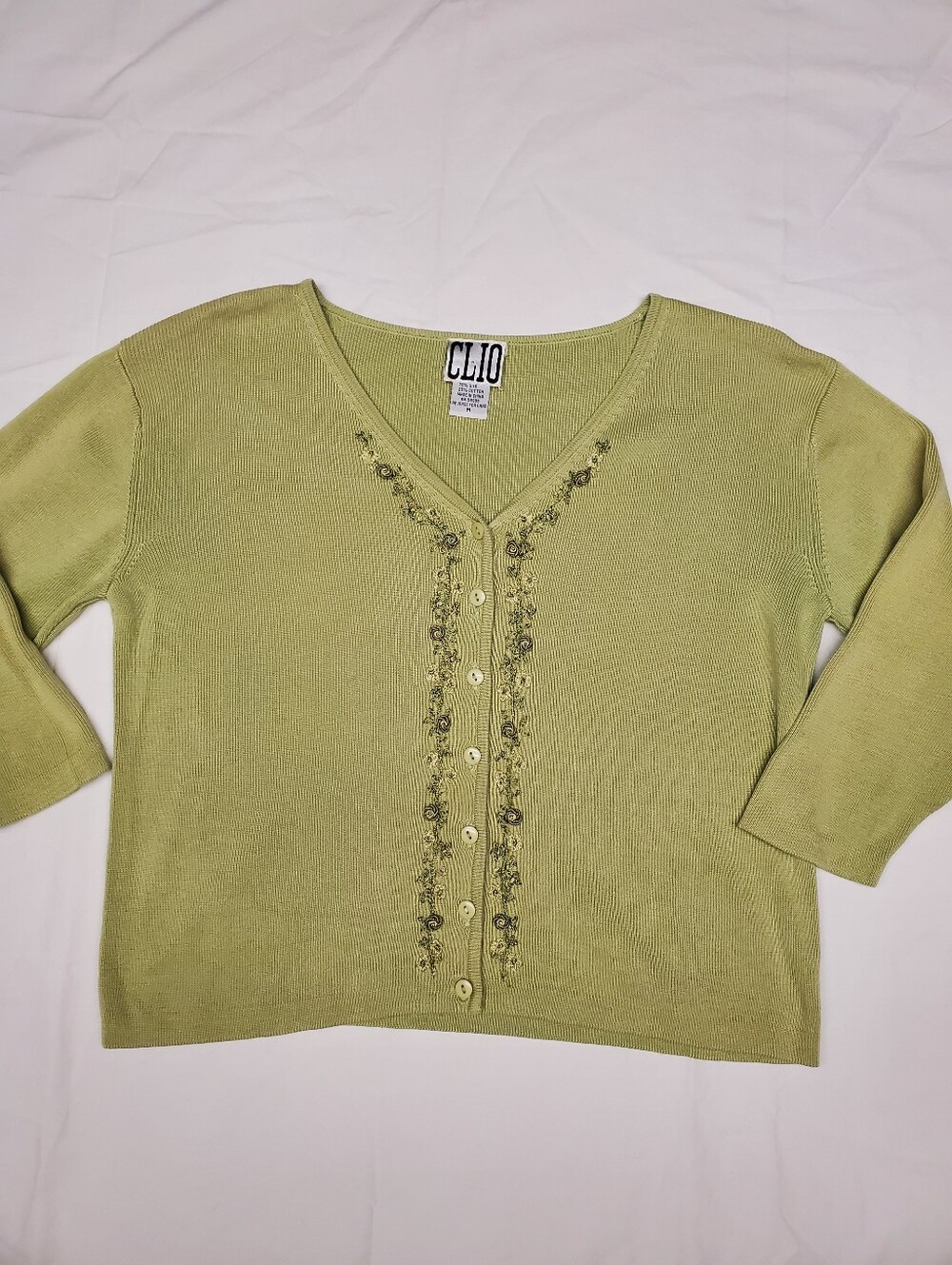 Vintage 90s Clio Silk Cotton Cardigan Sage Green Embroidered Floral 3/4 Sleeve M